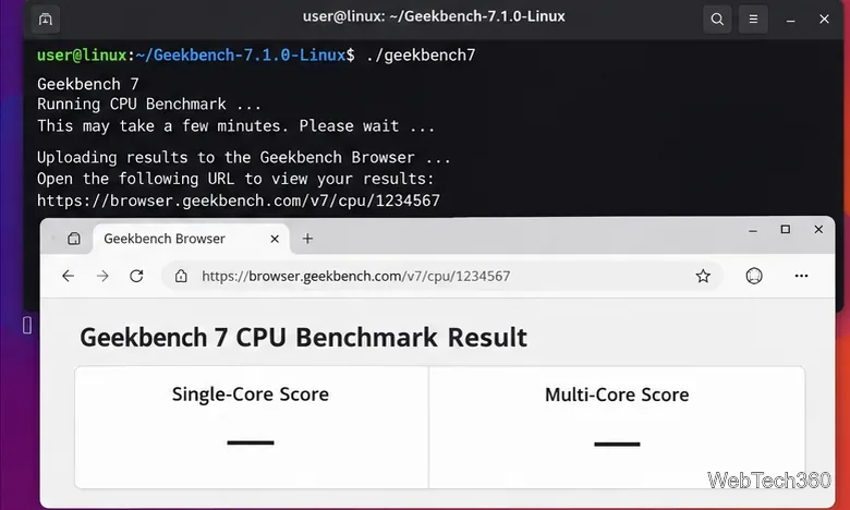 Geekbench 7 CPU benchmark running in a Linux terminal with a Geekbench Browser results window