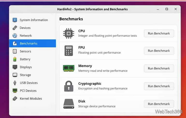 Hardinfo2 window showing the benchmarks section for CPU and system performance tests