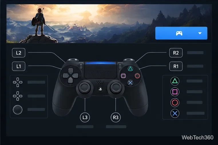 A controller layout screen with DualShock 4 buttons and triggers mapped for a game.