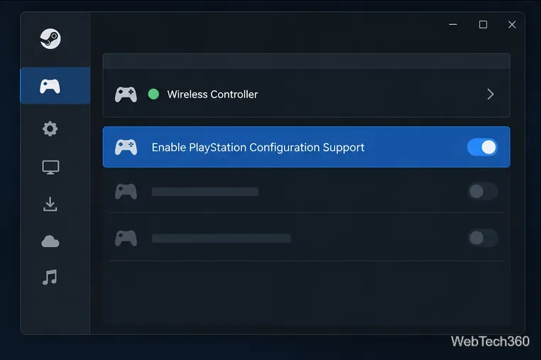 Steam controller settings showing a connected PlayStation controller and support options.