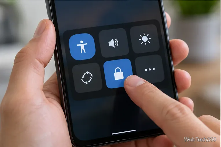 O menu de acessibilidade do Android é aberto no telefone, e o dedo seleciona o ícone de cadeado.