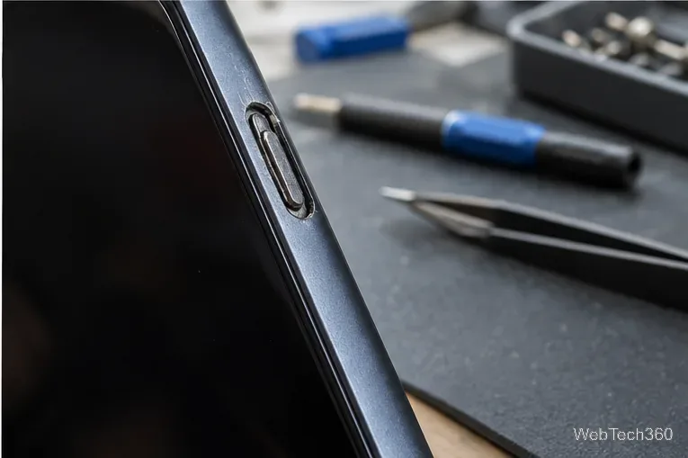 Visão aproximada da área danificada do botão lateral de um smartphone, ao lado de ferramentas de reparo.