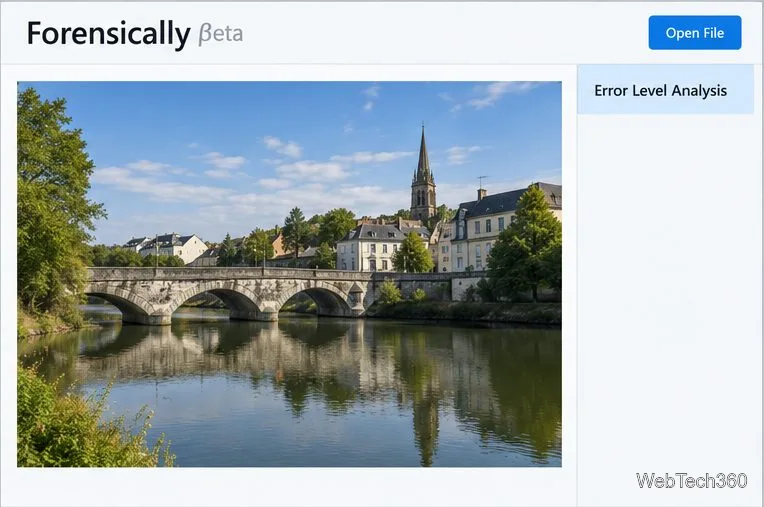 Une image JPEG d'un pont en bordure de rivière est affichée dans Forensically avec l'analyse du niveau d'erreur indiquée dans le panneau d'outils.