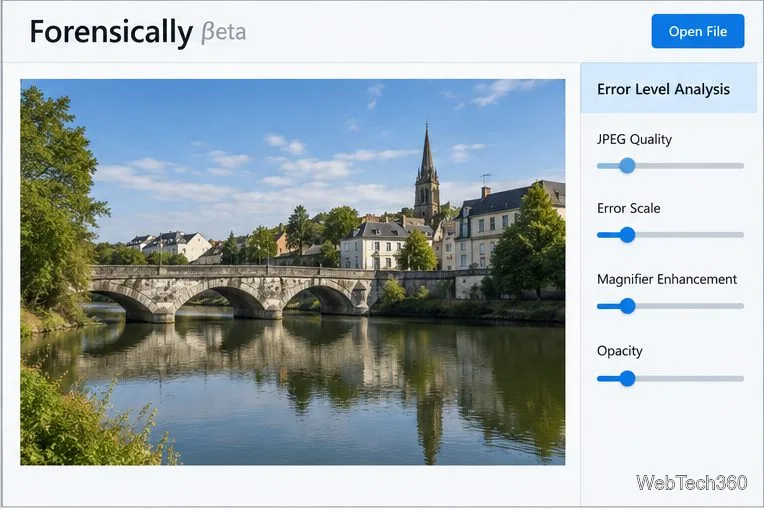 Le panneau d'analyse du niveau d'erreur situé à côté d'une photo de pont affiche les commandes de qualité JPEG, d'échelle d'erreur, d'amélioration de la loupe et d'opacité.