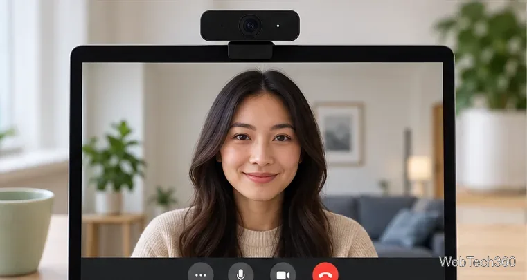 Anteprima di una chiamata FaceTime che mostra una persona inquadrata da una webcam esterna montata sul MacBook