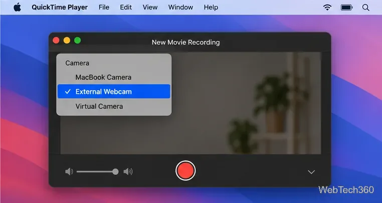 Finestra "Nuova registrazione filmato" di QuickTime Player con la webcam esterna selezionata nell'elenco delle telecamere.