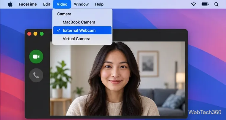 Nel menu Video di FaceTime, con l'opzione Webcam esterna selezionata sopra l'anteprima della chiamata, appare l'opzione Video.