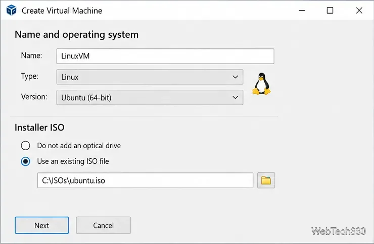Assistente para criação de nova máquina virtual no VirtualBox, com o tipo de sistema operacional convidado Linux selecionado e uma imagem ISO de instalação escolhida como mídia de instalação.