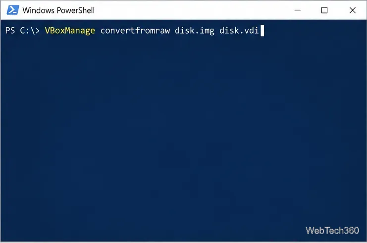 O Windows PowerShell exibe o comando `VBoxManage convertfromraw` com o arquivo `disk.img` como origem e o arquivo `disk.vdi` como saída.