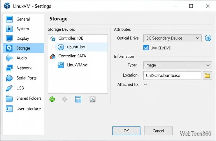 Configurações de armazenamento do VirtualBox com uma imagem ISO selecionada em uma unidade óptica e um VDI separado listado em um controlador de disco rígido.