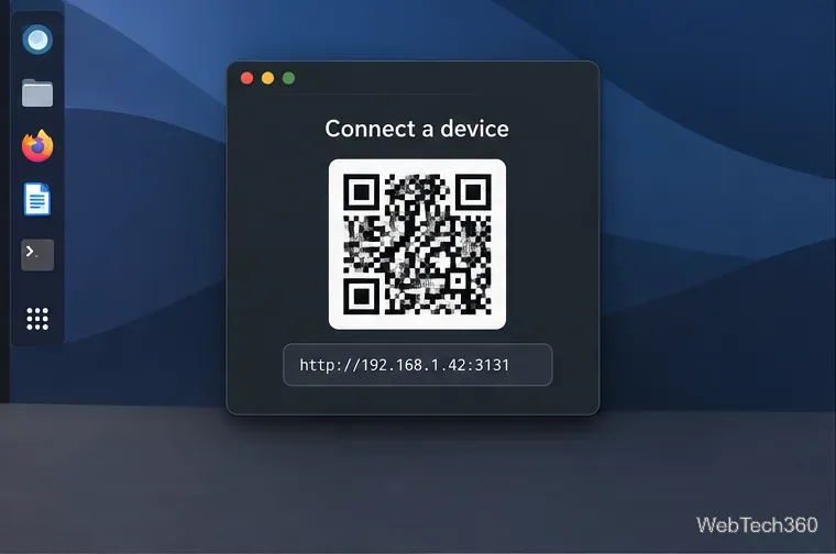 Desbloqueie a janela do host mostrando um exemplo de código QR de conexão e o endereço local.