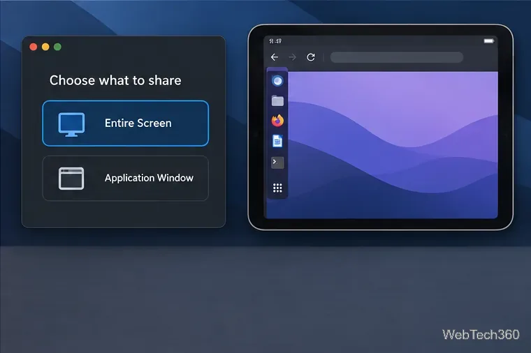 O Deskreen oferece compartilhamento de tela inteira e de janelas de aplicativos, enquanto um navegador em um tablet visualiza o fluxo de vídeo.