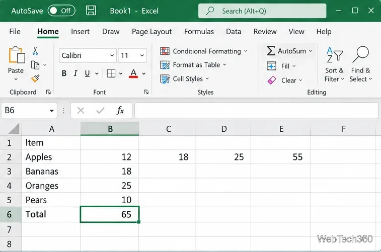 В таблице Excel отображается итоговая сумма 65 в ячейке B6 и горизонтальная сумма 55 для трех значений.