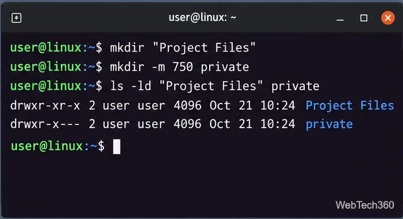Terminale Linux che mostra mkdir con un nome di directory tra virgolette e mkdir -m 750 seguito dall'output dei permessi di ls -ld