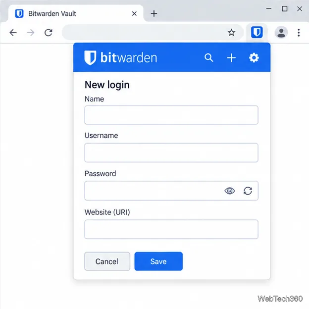 Bitwardenの新しいログインフォームには、名前、ユーザー名、パスワード、ウェブサイトURIを入力するフィールドがあります。