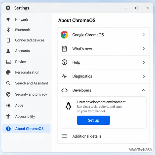 ChromeOSの設定画面で、ChromeOS、開発者、Linux開発環境について、コントロールの設定方法が表示されます。