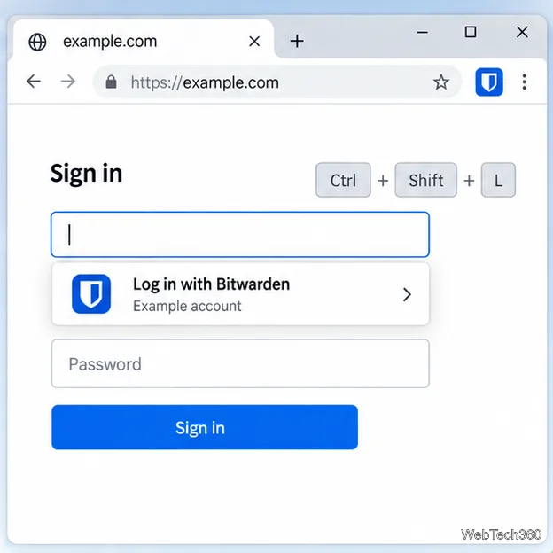 BitwardenのCtrl + Shift + Lのオートフィルショートカットを示すログインフォームの例