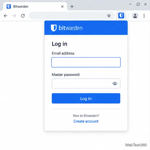 Bitwarden拡張機能のサインインパネル(メールアドレスとマスターパスワードの入力欄が空欄)