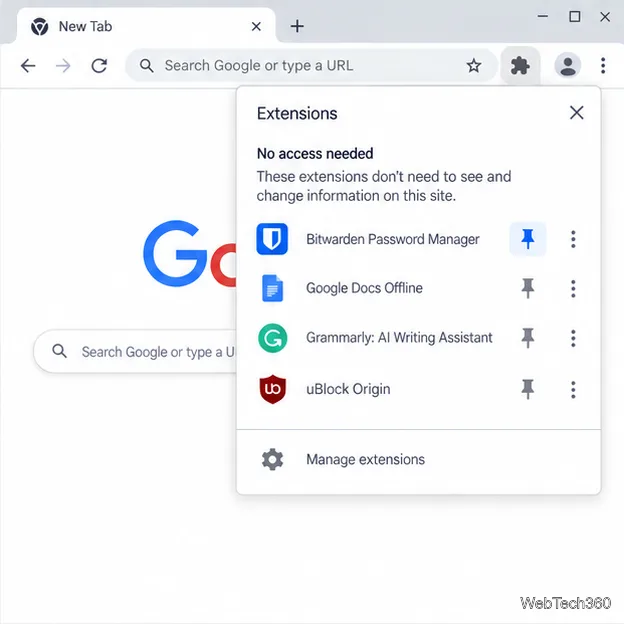 Bitwardenとそのピンコントロールを表示するChrome拡張機能メニュー