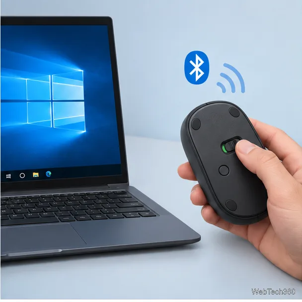 Рука нажимает кнопку сопряжения на Bluetooth-мыши, расположенной рядом с ноутбуком под управлением Windows 10.
