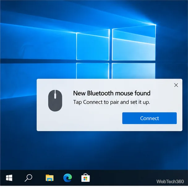 В уведомлении Swift Pair в Windows 10 отображается сообщение «Обнаружена новая Bluetooth-мышь» и кнопка «Подключить».
