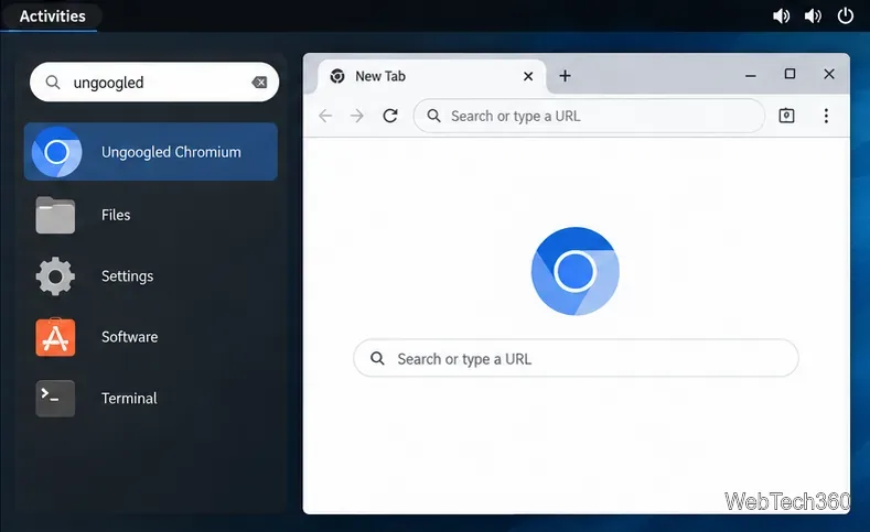 Linux application launcher with Ungoogled Chromium selected beside a Chromium-style new tab window