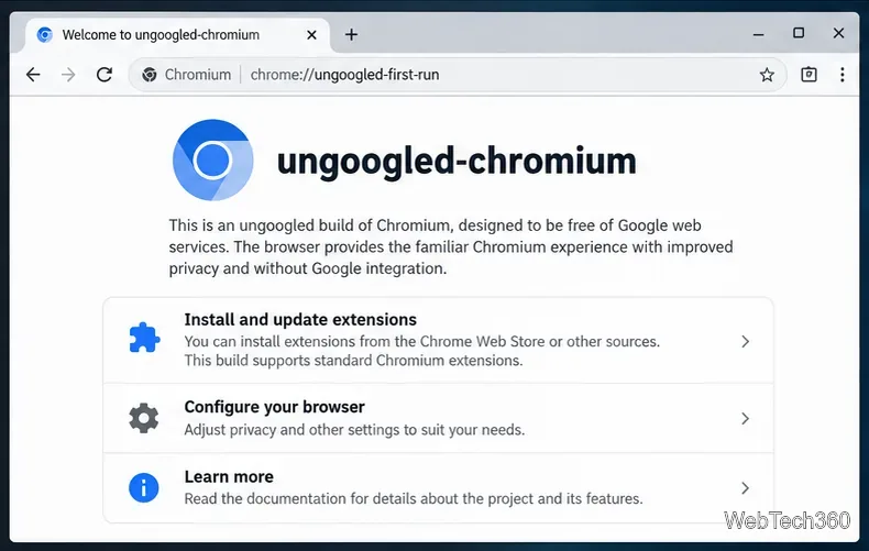 Ungoogled Chromium first-run page showing extension, configuration, and documentation sections