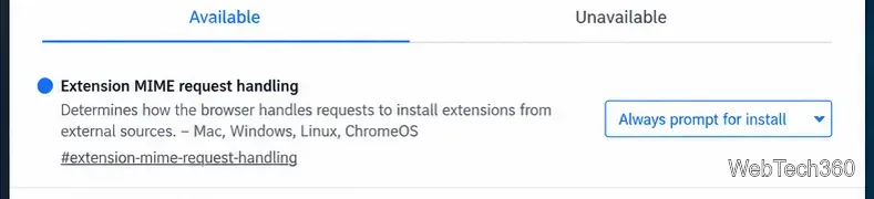 Ungoogled Chromium extension MIME request handling flag set to Always prompt for install