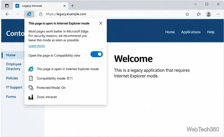 لوحة معلومات وضع Edge IE مع تفعيل خيار "فتح الصفحة في عرض التوافق".