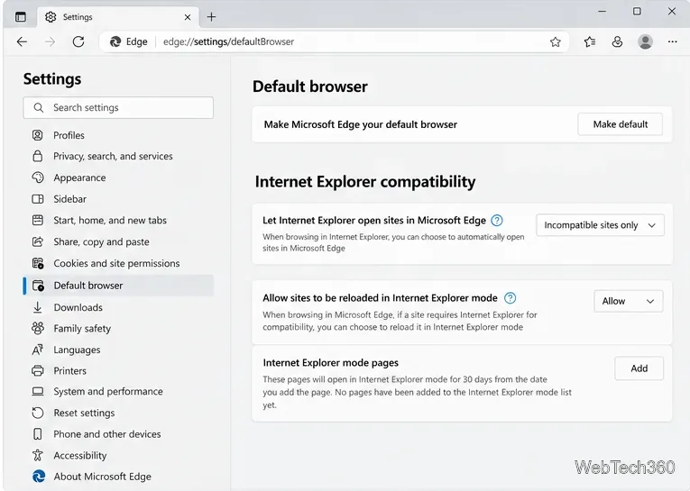 صفحة المتصفح الافتراضية في Edge مع ضبط خيار "السماح بإعادة تحميل المواقع في وضع Internet Explorer" على "السماح".