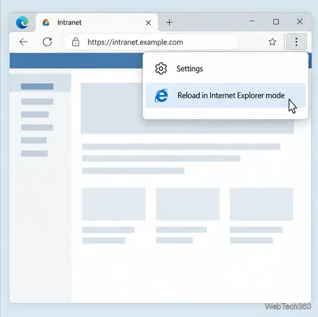 Le menu « Paramètres et autres » de Microsoft Edge affiche l'option « Recharger en mode Internet Explorer » sur un navigateur intranet géré.