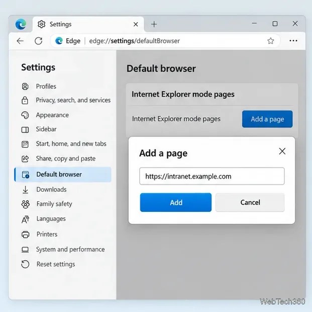 Liste des pages en mode Internet Explorer de Microsoft Edge avec la boîte de dialogue Ajouter une page ouverte pour une URL intranet.