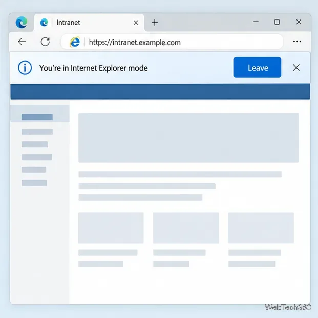 Page intranet héritée de Microsoft Edge avec la bannière du mode Internet Explorer et le bouton Quitter visibles.