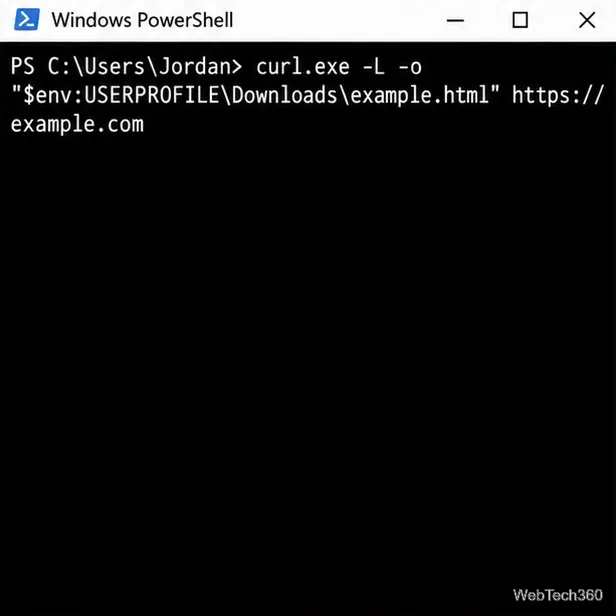 Команда Windows PowerShell сохраняет HTTPS-ответ в виде файла example.html в папке «Загрузки».