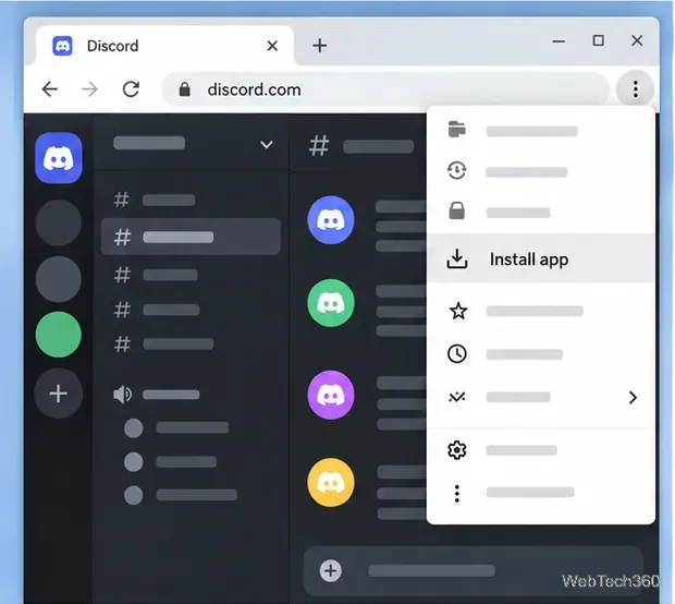 Discordの上にChromeのブラウザメニューが開き、「アプリをインストール」オプションがハイライト表示されている。