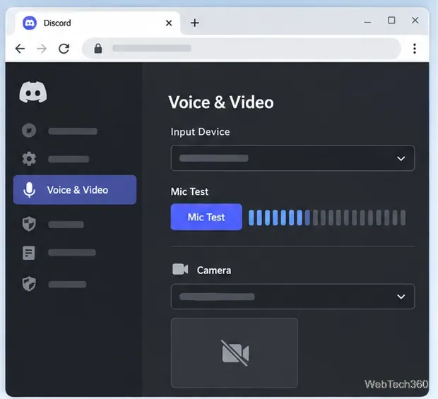 ChromeブラウザでDiscordの音声とビデオの設定を表示する画面。入力デバイス、マイクテスト、カメラコントロールが表示されます。