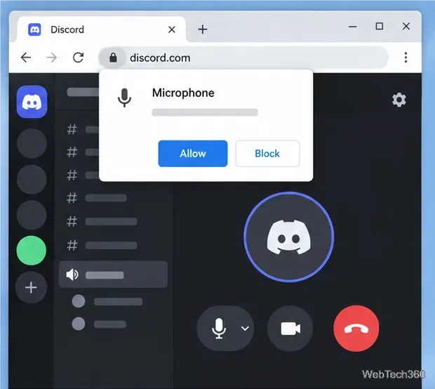 Discordの音声通話中にChromeが表示するマイクのアクセス許可プロンプト。「許可」と「ブロック」が表示されます。