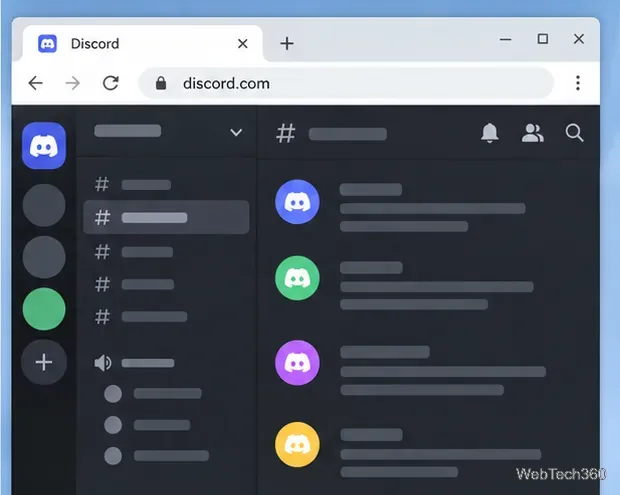 Chromebook上で動作するDiscordのブラウザクライアント。サーバーアイコン、チャンネル、テキスト会話が表示される。