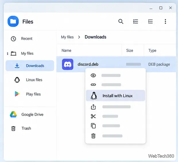 ChromebookのファイルアプリでDiscordのDEBパッケージを選択し、コンテキストメニューから「Linuxでインストール」を選択します。