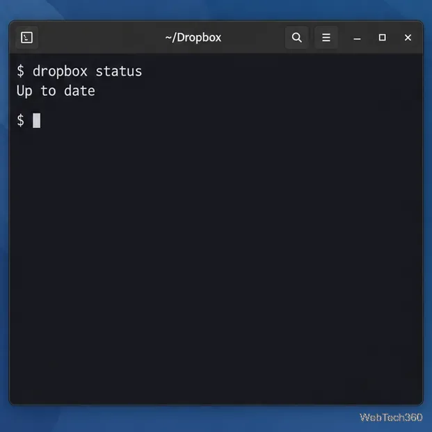 A Linux terminal in the Dropbox folder runs dropbox status and returns Up to date.