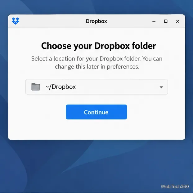The Dropbox setup dialog shows the default local folder path, ~/Dropbox.