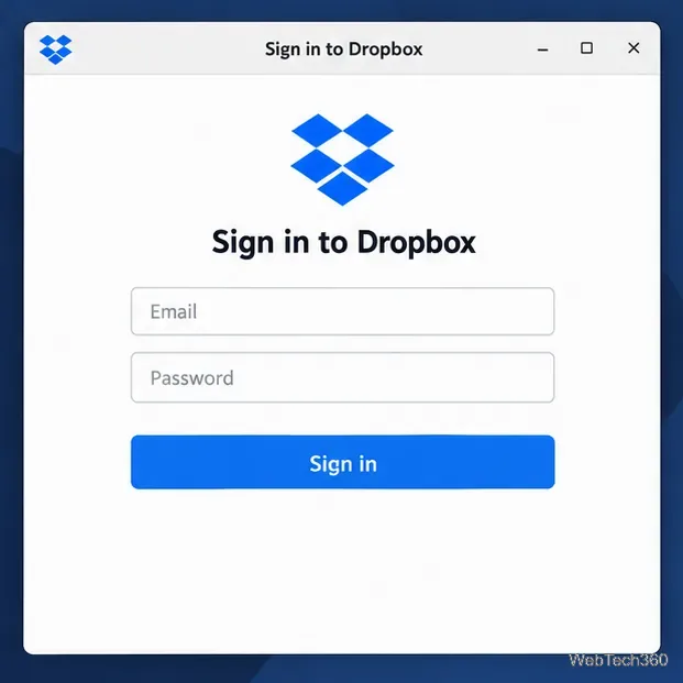 The Dropbox desktop sign-in window shows email and password fields.