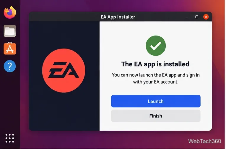 Linux上でWine経由で動作するEAアプリインストーラーの完了画面