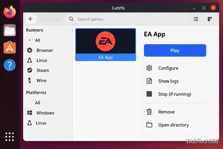 Lutris EAアプリのエントリ(再生設定とログコントロール付き)
