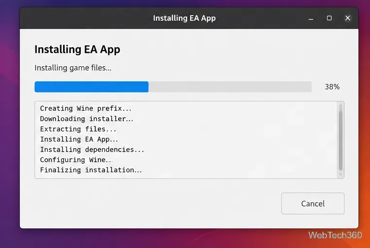 Lutrisの進行状況ウィンドウで、EAアプリファイルをWineプレフィックスにインストールしています。