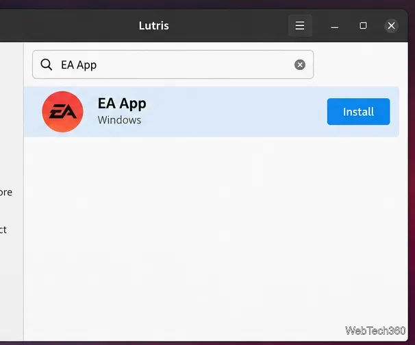 Lutrisの検索結果にEAアプリインストーラーが表示されています。