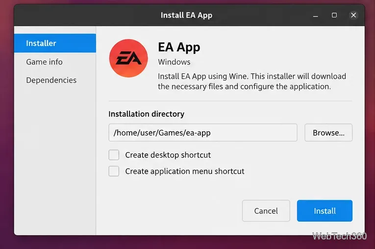 インストールディレクトリオプション付きのLutris EAアプリインストーラー