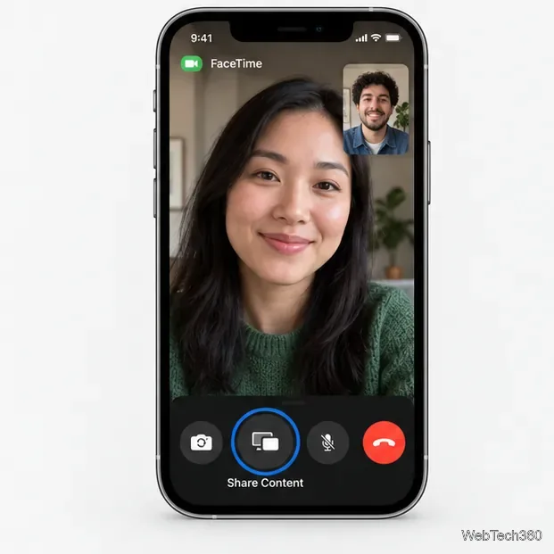 I comandi della chiamata FaceTime con il controllo di condivisione schermo Condividi contenuto evidenziato per interrompere la trasmissione