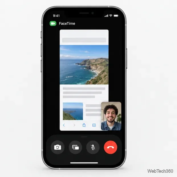 Un partecipante a una videochiamata FaceTime visualizza una pagina web condivisa dall'iPhone di un altro partecipante.