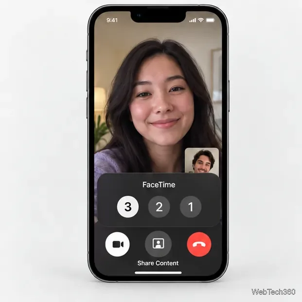 La schermata di FaceTime su iPhone mostra il conto alla rovescia da tre a uno prima dell'inizio della condivisione dello schermo.